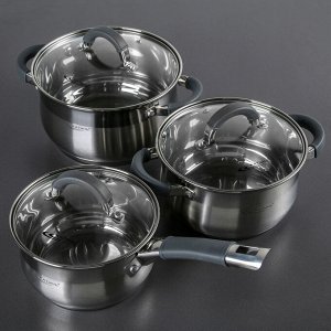 Набор посуды «Ирида», 3 предмета: кастрюли 2,9 л, 3,9 л, ковш 1,9 л, капсульное дно, стеклянные крышки