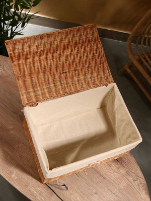 Корзинка прямоугольная с крышкой и тканевым подкладом, 44x30x20 см, ротанг