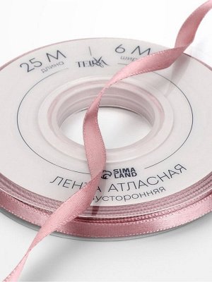 Лента атласная TEIRA, двухсторонняя, 6 мм, 25±1 м, розовая №164