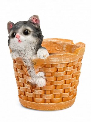 Фигурное кашпо для цветов «Котёнок в круглой корзине», 20x18 см, полистоун