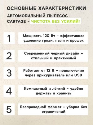 Пылесос автомобильный CARTAGE, беспроводной, 3 насадки, 120 Вт, 12 В, черный