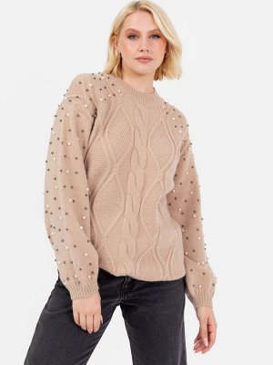 Коричневый - Lovedrobe Pearl Embellided Long Cable Knit Jacker