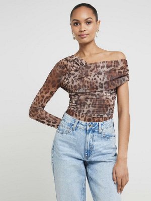 Коричневый - River Island Леопардовый принт Сетчатые асимметричные боди