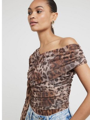 Коричневый - River Island Леопардовый принт Сетчатые асимметричные боди