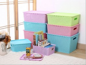 Корзина пластиковая ""плетение""с крышкой, средняя 35,8*28,2*13,7 см