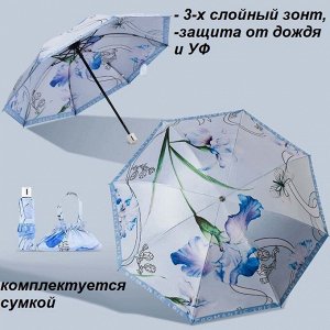 Зонт &nbsp;Характеристики:

- Комплектуется сумкой для хранения и ношения

- количество сложений -3

- размер: СМ.ФОТО

- количество -спиц: 8

- материал: Pongee - 3 слоя

- механизм откры