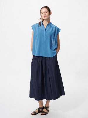 UNIQLO Cotton Sheer Blouse – прозрачная хлопковая блузка без рукавов - 64 BLUE