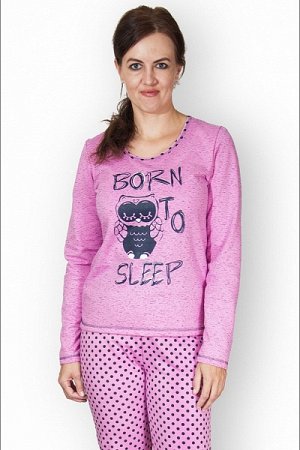 Пижама с брюками футер с начёсом, принт "Сова", розовый, горох (286-6)