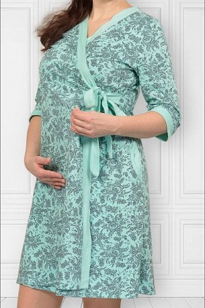 Плиона Пеньюар с сорочкой для беременных и кормящих мам, ментол, принт &quot;Цветок&quot; (08520-1)
