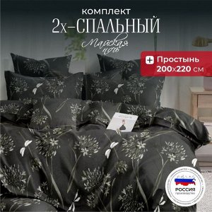 Постельное белье 2-спальное, простыня 220х220 см, 2 наволочки 70х70 см, пододеяльник 175х215 см, Майская ночь, полисатин, Цветы, черный 20/163-AC