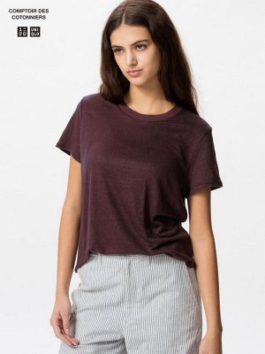 UNIQLO Женская льняная футболка, винный