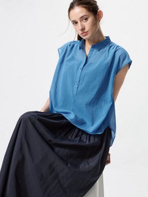 UNIQLO Cotton Sheer Blouse – прозрачная хлопковая блузка без рукавов - 64 BLUE