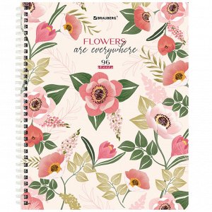 Тетрадь 96л. КЛЕТКА, BRAUBERG гребень, А5, твёрдая обложка, Flowers (микс в спайке),1 шт, 404444