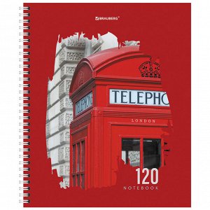 Тетрадь 120л. КЛЕТКА, BRAUBERG гребень, А5, твёрдая обложка, Города (микс в спайке),404449