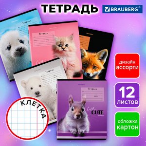 Тетрадь 12л. КЛЕТКА, BRAUBERG, обложка картон, CUTE ANIMALS, 1 шт, 107266