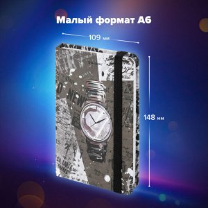 Блокнот с резинкой в клетку 96л, МАЛЫЙ ФОРМАТ А6 109х148, твердая обложка, BRAUBERG, Часы, 113737