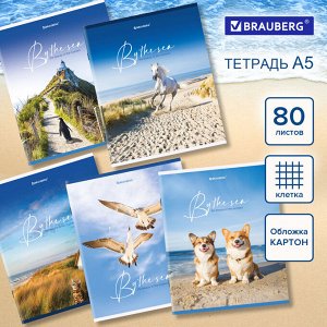 Тетрадь 80л. КЛЕТКА, BRAUBERG, скоба, А5, обложка картон, By The Sea, 1 шт, 404410
