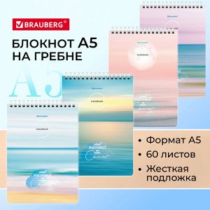 Блокнот А5 146х206мм, 60л, гребень, картон, жесткая подложка, клетка, BRAUBERG, Ocean, 114370,  1 шт