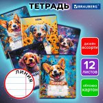 Тетрадь 12л. ЛИНИЯ, BRAUBERG, обложка картон, DOGS, 1 шт, 107281