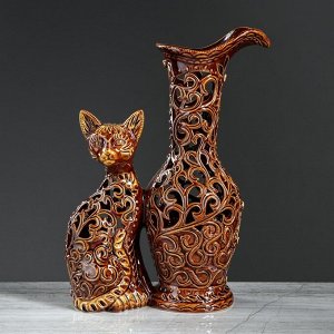 Ваза керамика настольная "Кот с кувшином", резка, 32 см
