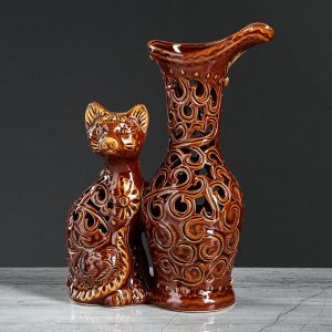 Ваза настольная "Кот с кувшином", резка, 22 см, керамика