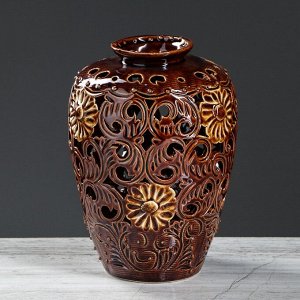 Ваза керамика настольная "Корзинка", коричневая, резка, 22 см
