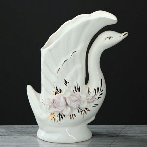 Ваза керамика настольная "Лебедь", золотой декор, лепка, белая, 19 см
