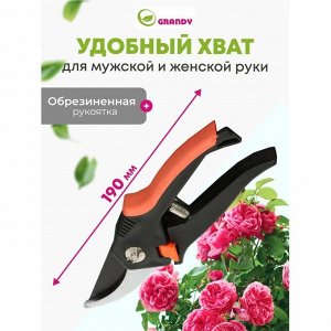 Секатор для срезки веток, молодых побегов, 190 мм, Grandy, Колибри, 402515