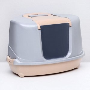 Туалет-домик угловой для кошек закрытый с дверцей 57*46*37 см, бежево-серый
