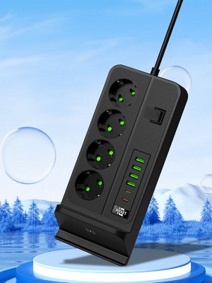 Сетевой фильтр с беспроводной зарядкой, 4 розетки + 4 USB 3,4А + 2 Type-C, 2 метра