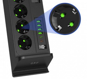 Сетевой фильтр с беспроводной зарядкой, 4 розетки + 4 USB 3,4А + 2 Type-C, 2 метра