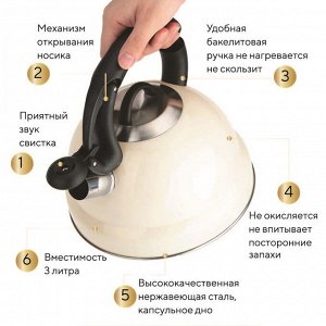 Чайник нержавеющая сталь, 3 л, со свистком, зеркальный, ручка бакелитовая, RasheL, индукция, кремовый, М-7830