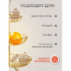 Ваза для фруктов, 3 яруса, металл, на ножке, 30х30х46 см, Y4-7626, золотая