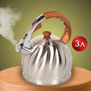 Чайник нержавеющая сталь, 3 л, со свистком, матовый, ручка бакелитовая в цвет дерева, Daniks, GS-04571/MSY-087