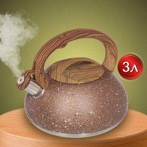 Чайник нержавеющая сталь, 3 л, со свистком, матовый, ручка бакелитовая, Daniks, коричневый мрамор, DSC-8800