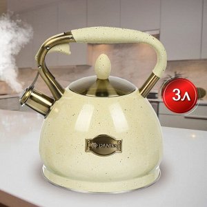 Чайник нержавеющая сталь, 3 л, со свистком, матовый, ручка с покрытием, нейлон, Daniks, индукция, бежевый, GS-04517H-1