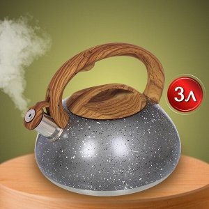 Чайник нержавеющая сталь, 3 л, со свистком, матовый, ручка с силиконовым покрытием, Daniks, серый мрамор, DSC-8799