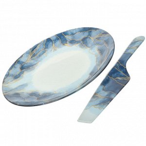 Блюдо стекло, 30 см, круглое, с лопаткой, Daniks, Navy Leaves