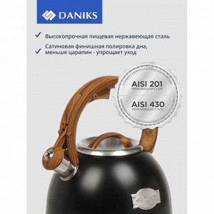 Чайник нержавеющая сталь, 3.4 л, со свистком, матовый, нейлон, Daniks, индукция, черный, GS-04083C-2