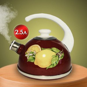 Чайник сталь, эмалированное покрытие, 2.5 л, со свистком, ручка консольная, Рубин, Лимоны, бордовый, T04/25/01/35/H03