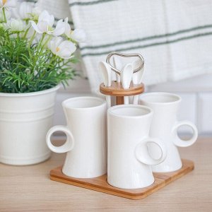 Кружка керамика, 4 шт, 280 мл, с ложкой, 306653, бамбуковая подставка