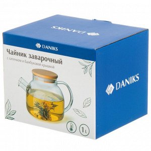 Чайник заварочный стекло, 1 л, с ситечком, с бамбуковой крышкой, Daniks, SXH08