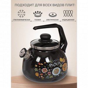 Чайник сталь, эмалированное покрытие, 3 л, со свистком, ручка консольная, СтальЭмаль, Паста, индукция, черный, 4с209я