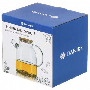 Чайник заварочный стекло, 1.5 л, с ситечком, с бамбуковой крышкой, Daniks, SXH09