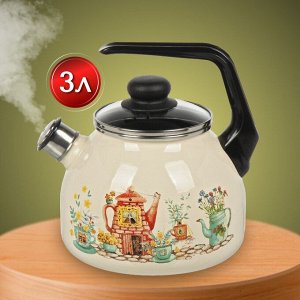 Чайник сталь, эмалированное покрытие, 3 л, со свистком, ручка консольная, СтальЭмаль, Чайный домик, индукция, бежевый, 4с209я