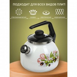 Чайник сталь, эмалированное покрытие, 3 л, со свистком, с пластиковой кнопкой, Сибирские товары, Оливки и черри, индукция, белый, С2717.3