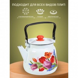 Чайник сталь, эмалированное покрытие, 3.5 л, с кнопкой, Сибирские товары, Тюльпан Май, белый, С2716.3*119