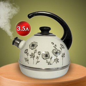 Чайник сталь, эмалированное покрытие, 3.5 л, со свистком, ручка консольная, Рубин, Черная космея, белый, T04/35/03/41