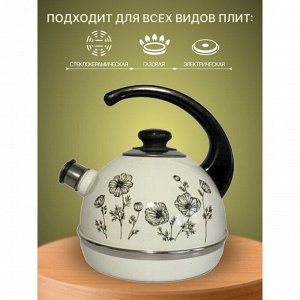 Чайник сталь, эмалированное покрытие, 3.5 л, со свистком, ручка консольная, Рубин, Черная космея, белый, T04/35/03/41