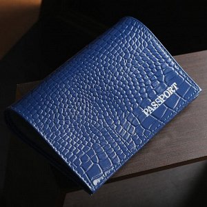 Обложка для паспорта, тиснение фольга, крокодил, цвет синий